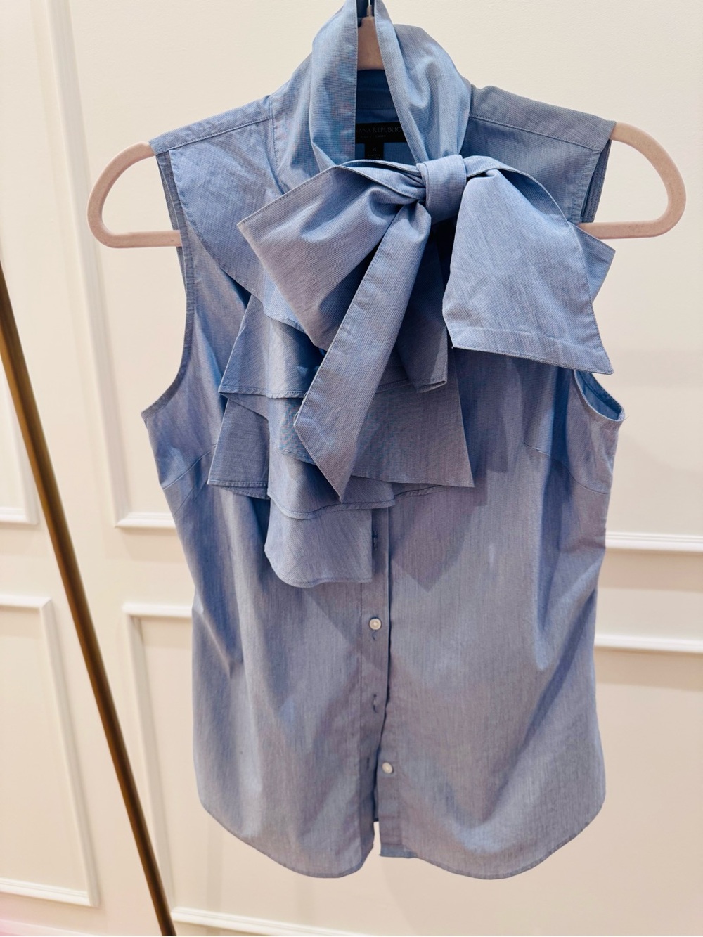 Banana Republic Sky Blue Sleeveless Bow-Neck Ruffle Button-Down Top